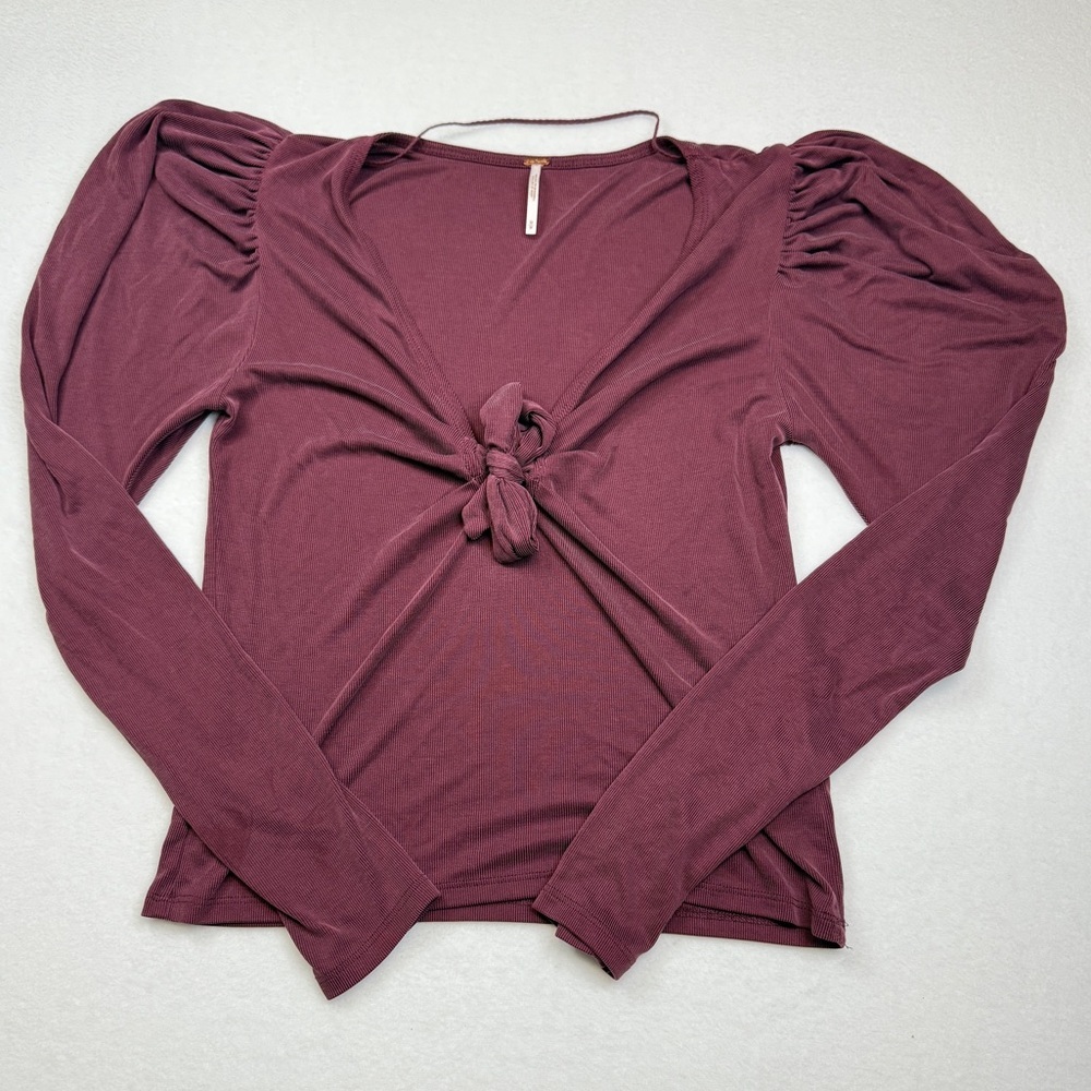 Free People Size M Burgundy Long Sleeve Knot Blouse